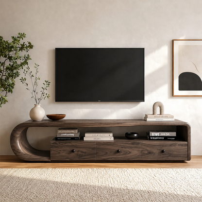 Architectural media cabinet designed with flowing curves and natural wood finish tones
