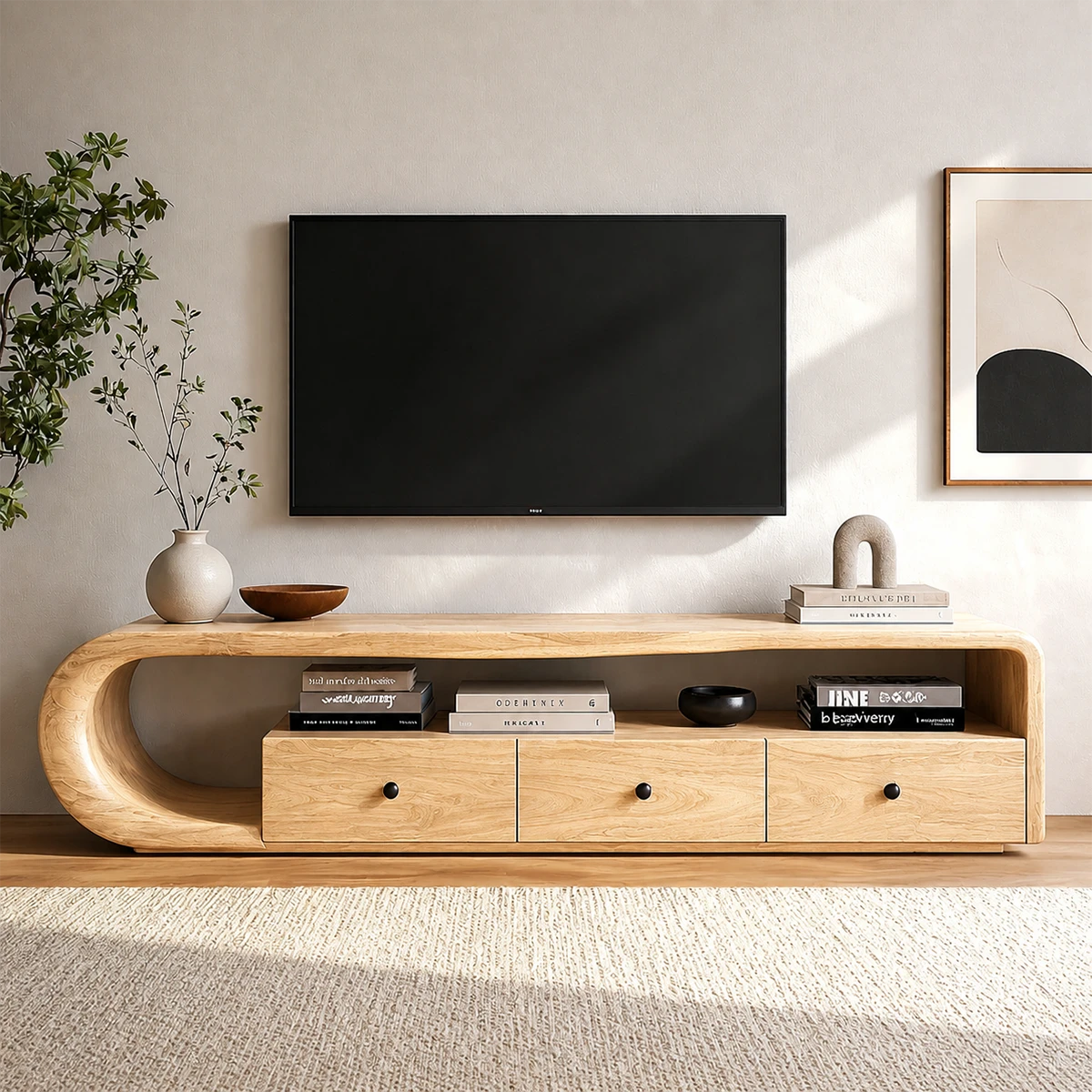 Sleek TV console table featuring spacious storage and natural wood finish texture