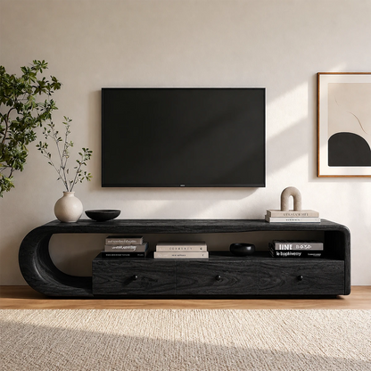 Scandinavian entertainment stand with rounded frame and natural wood finish appeal