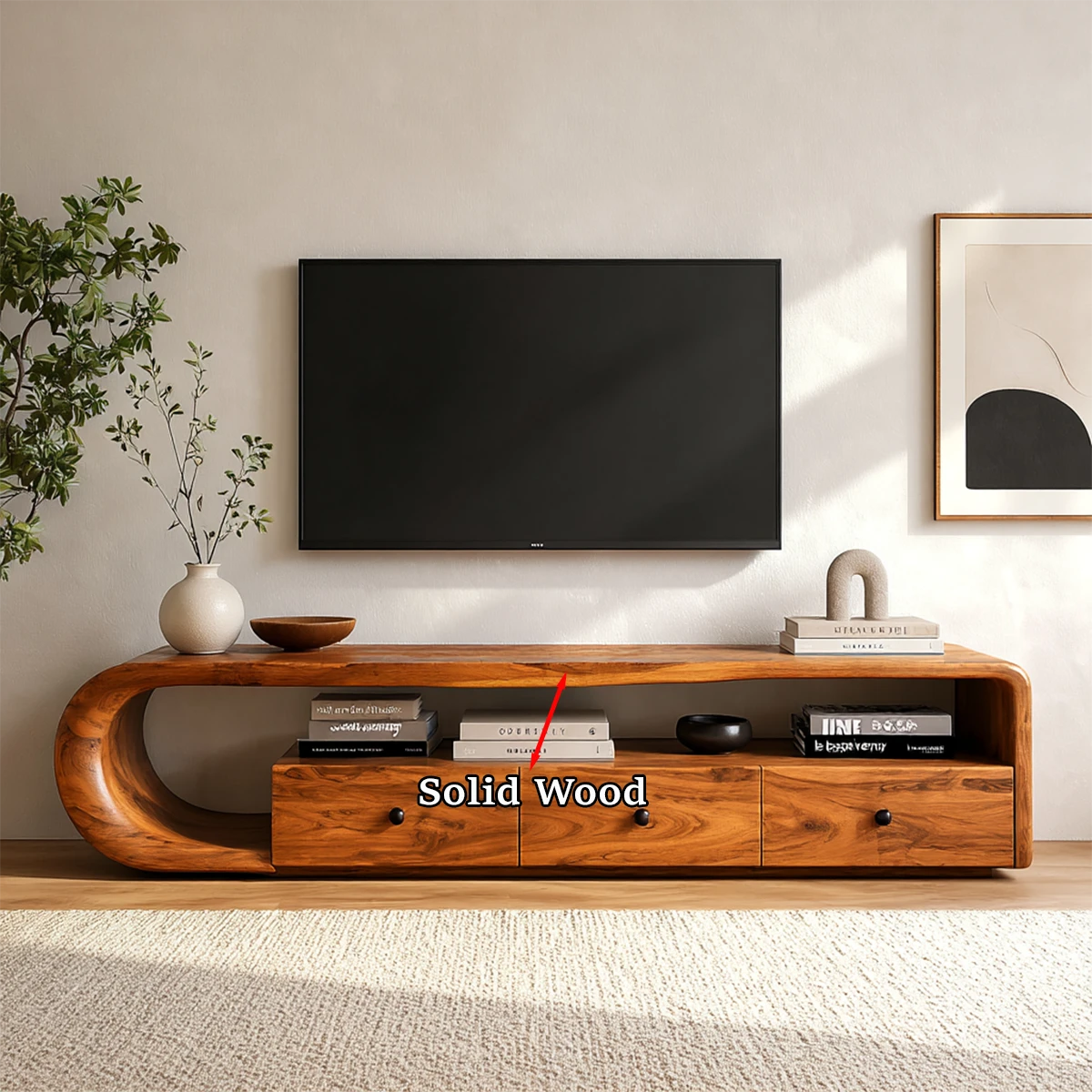 Modern living room media cabinet showcasing sculptural form and natural wood finish detail