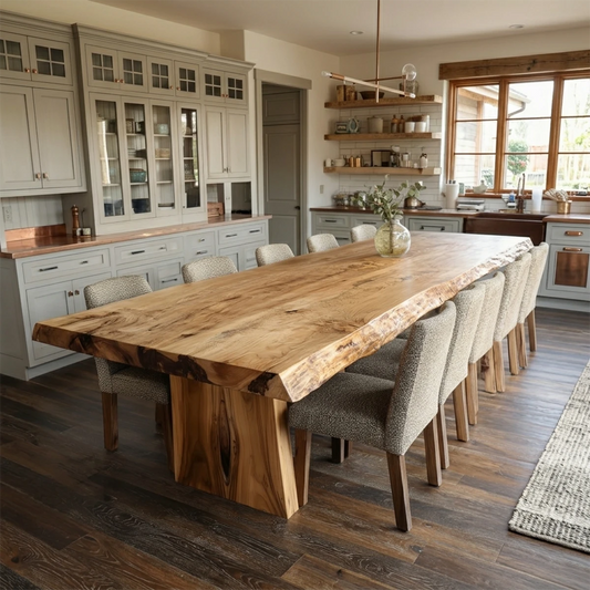 Large family kitchen styled with a custom live edge dining table in solid wood and natural texture