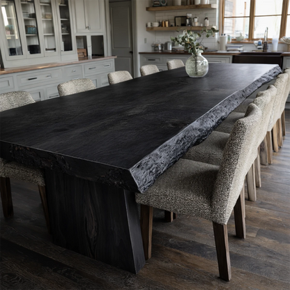 Bright open kitchen featuring a contemporary dining table with smooth finish and rich grain