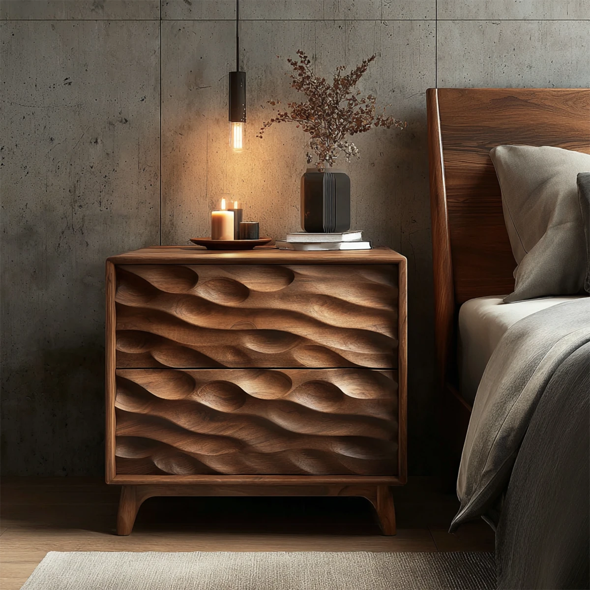 Deep carved wave nightstand featuring bold sculpted drawer fronts and smooth walnut tone finish