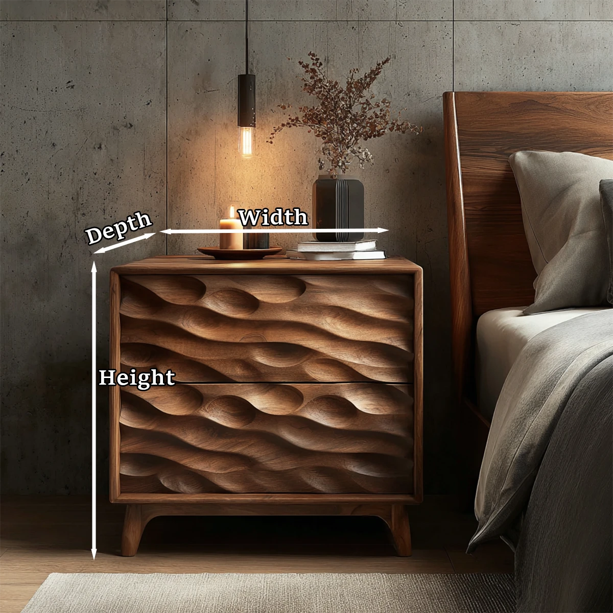 Statement bedroom nightstand featuring dramatic carved texture and polished walnut tone finish