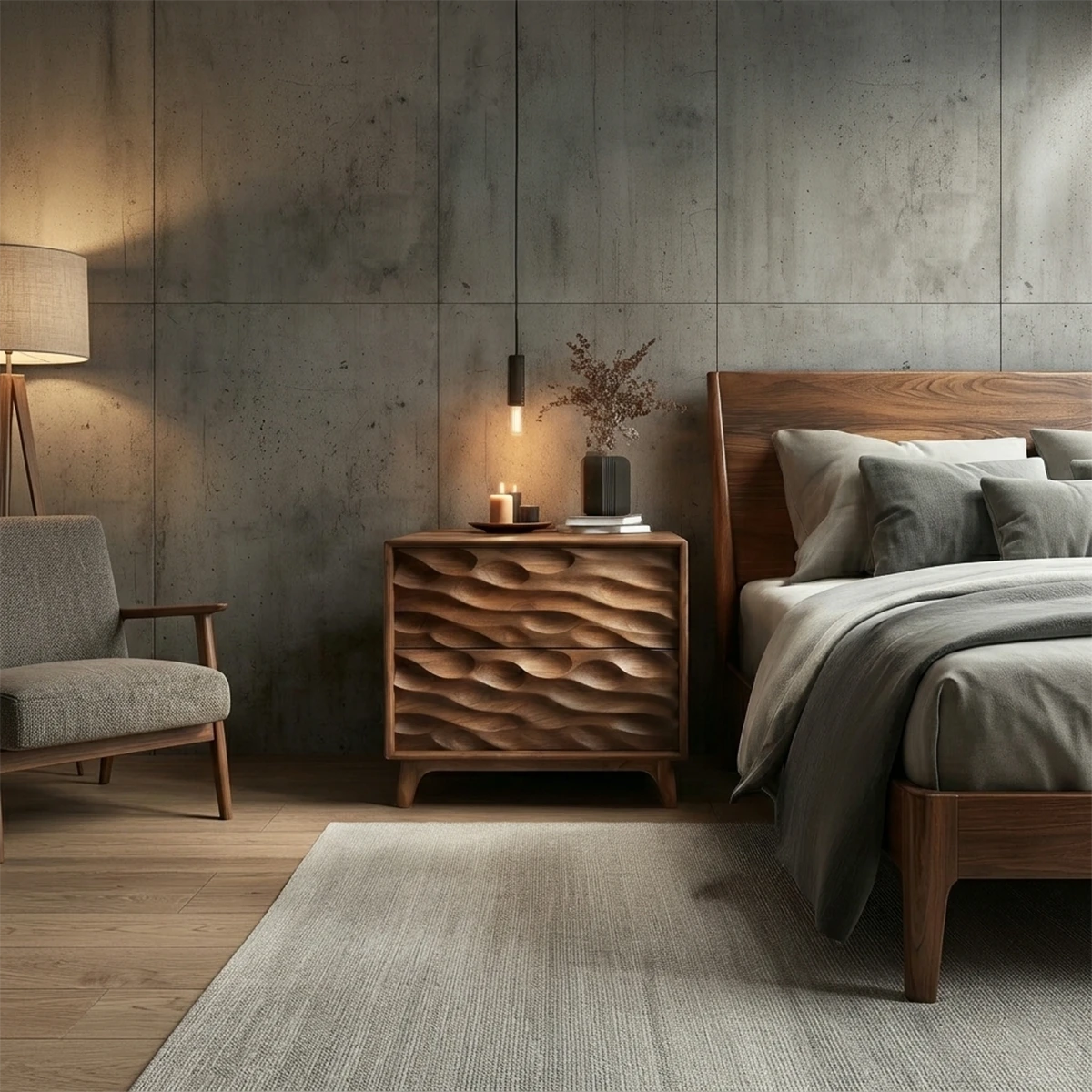 Modern bedside table showcasing deep organic texture and refined walnut tone finish detail