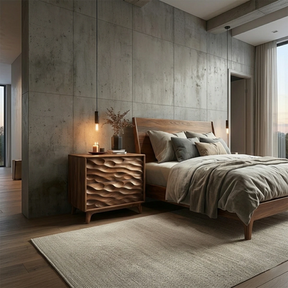 Elegant bedroom nightstand designed with pronounced carved surface and warm walnut tone finish
