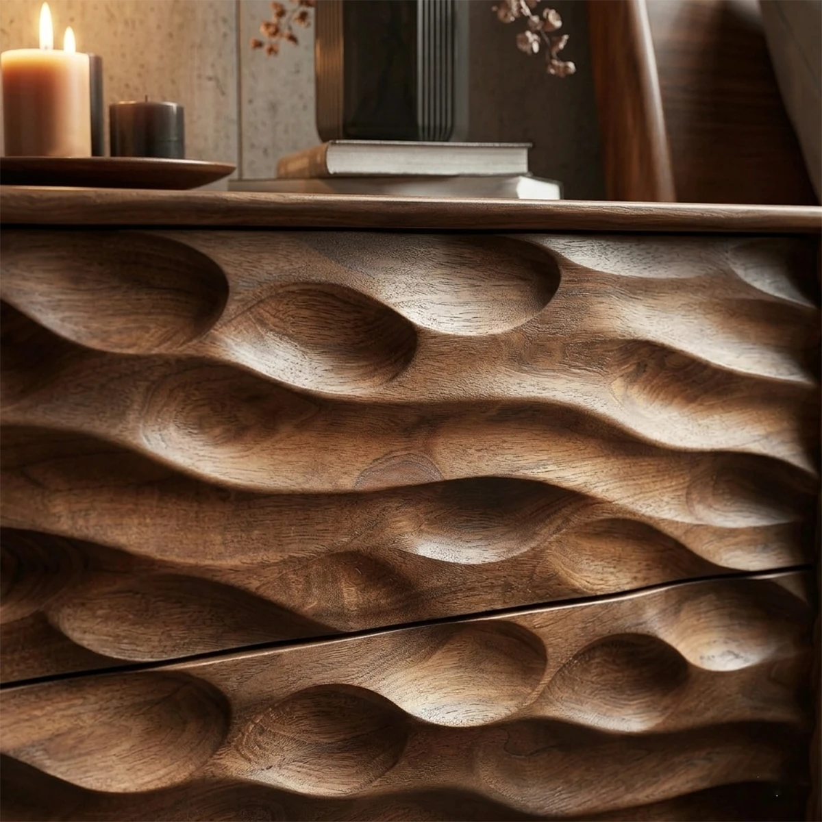 Contemporary bedside cabinet displaying deep layered texture and polished walnut tone finish
