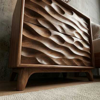 Decorative modern nightstand featuring bold sculptural carving and rich walnut tone finish