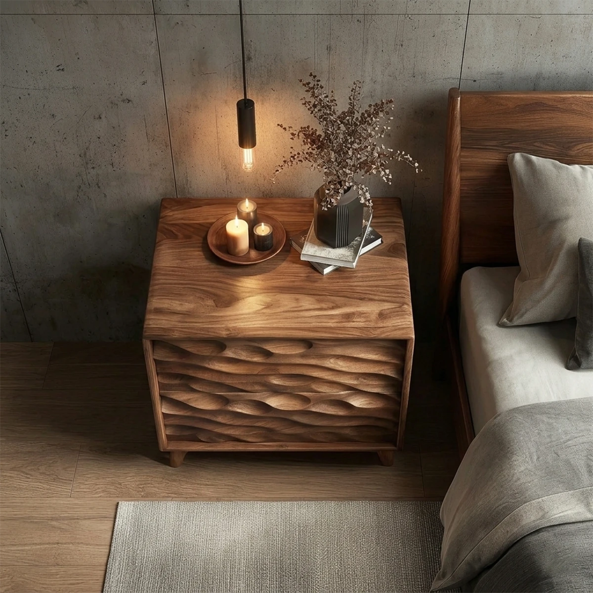 Compact bedside storage unit designed with deep wave detailing and smooth walnut tone finish