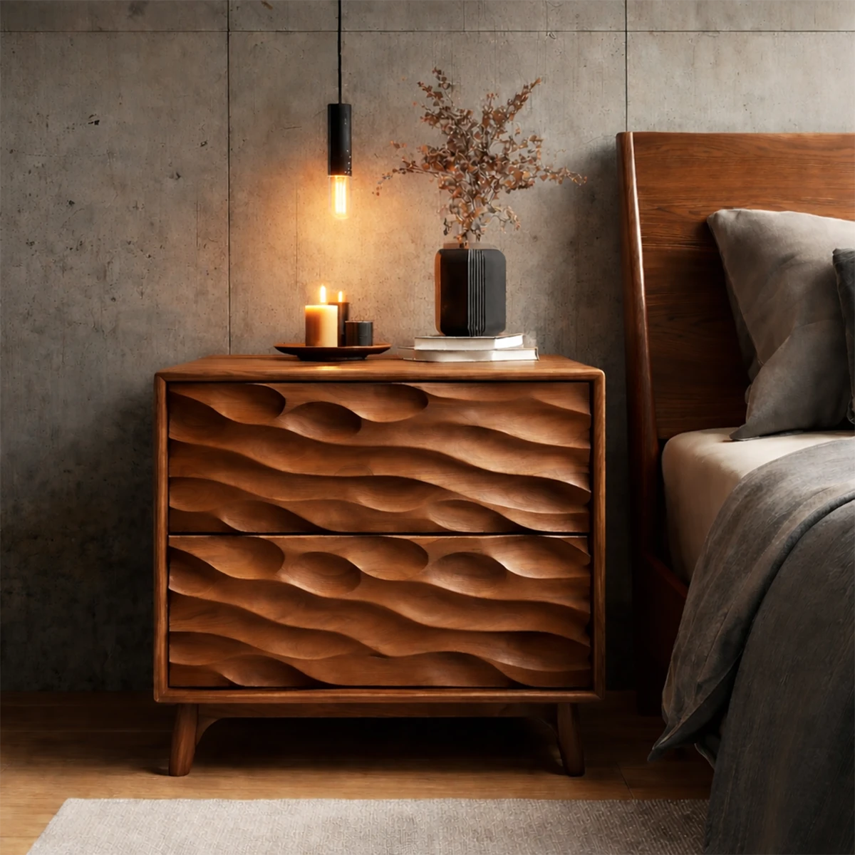 Luxury bedroom nightstand showcasing dimensional carved fronts and refined brown tone finish