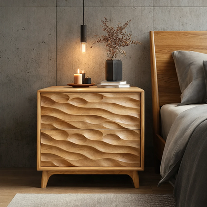 Minimalist bedside cabinet featuring deep textured panels and elegant oak tone finish