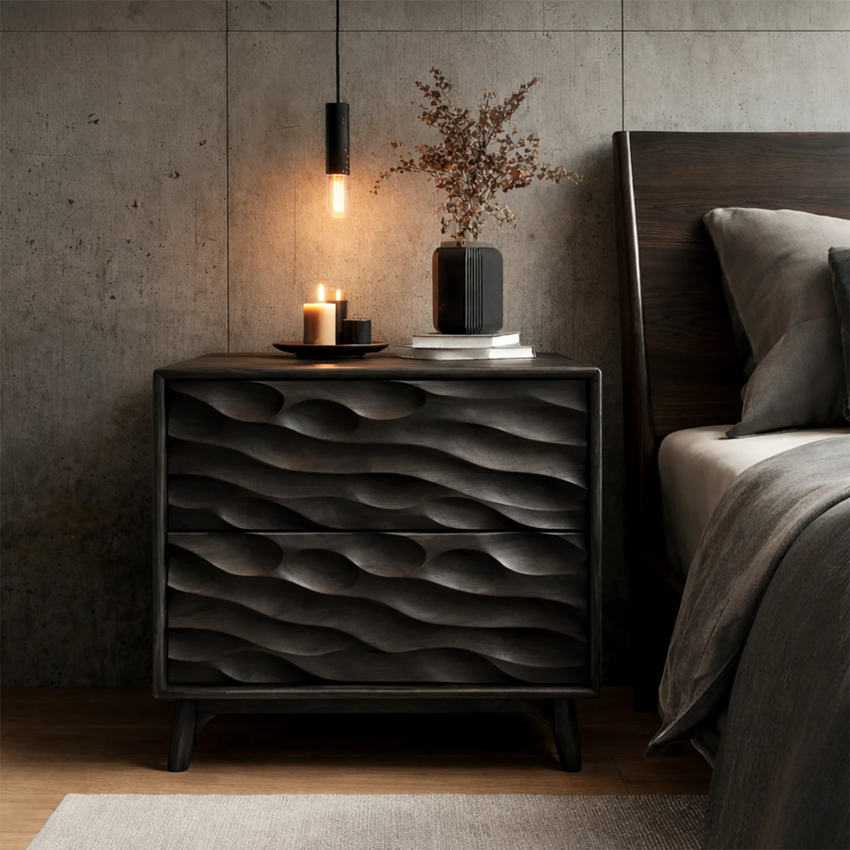 Stylish bedroom side table designed with artistic deep carving and smooth black tone finish
