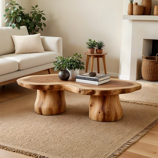 Brown coffee table with rounded top and tapered legs