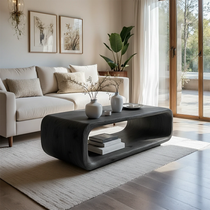Black coffee table with subtle curve edges