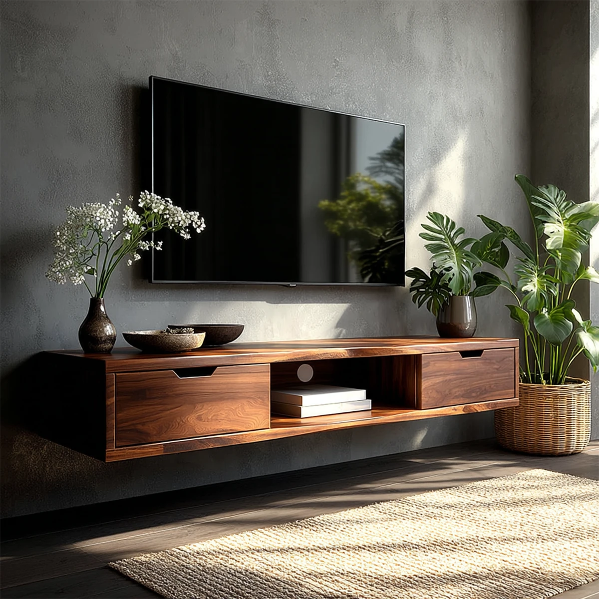 Modern floating TV stand with clean drawer storage for contemporary living room interiors