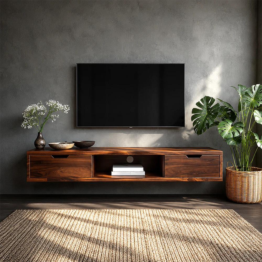 Wooden TV stand with a television mounted on a gray wall, featuring decorative items and plants.
