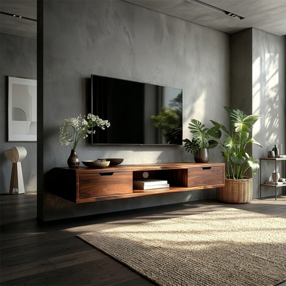 Wall mounted media console featuring minimalist storage and sleek modern organization