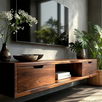Contemporary entertainment center with floating design and spacious open shelving layout