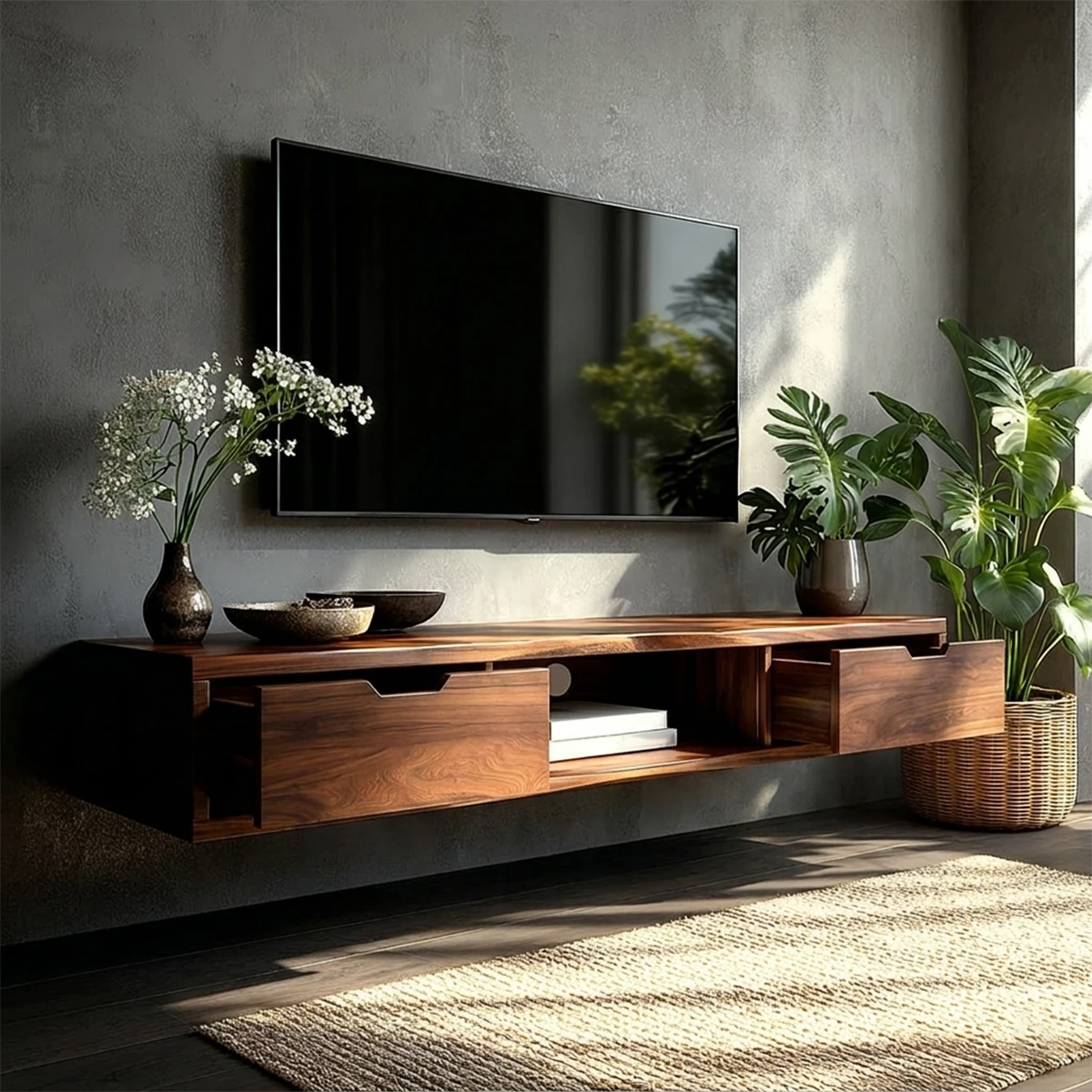 Minimalist television stand showcasing streamlined storage and modern wall mounted styling