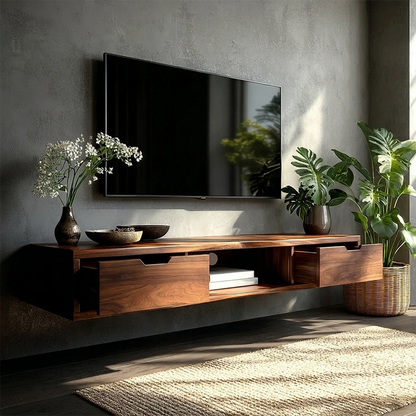 Minimalist television stand showcasing streamlined storage and modern wall mounted styling