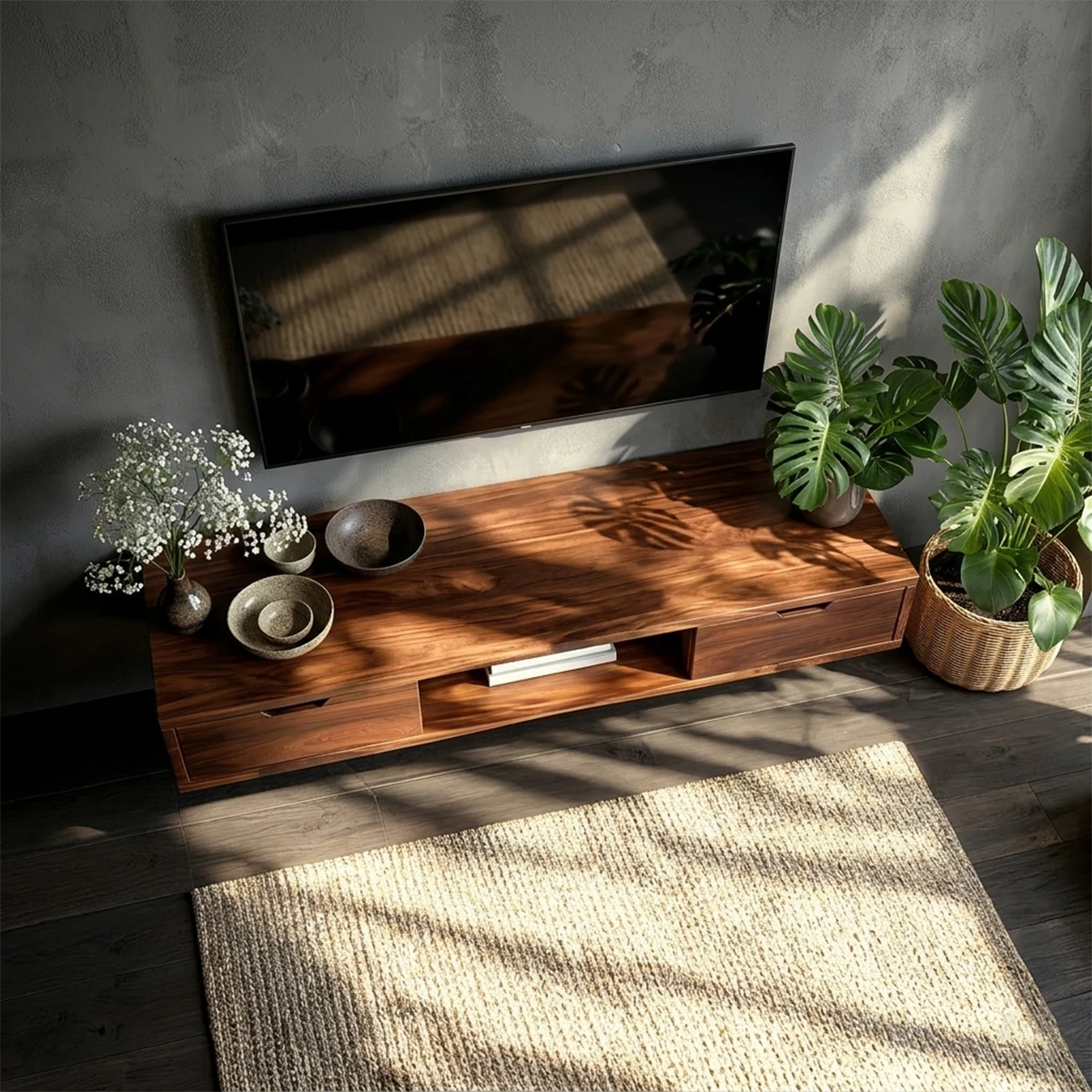 Japandi TV console cabinet designed with clean lines and balanced storage compartments