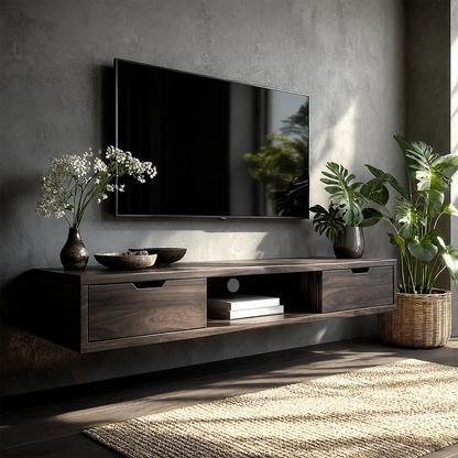Elegant media cabinet with floating construction and refined entertainment storage design