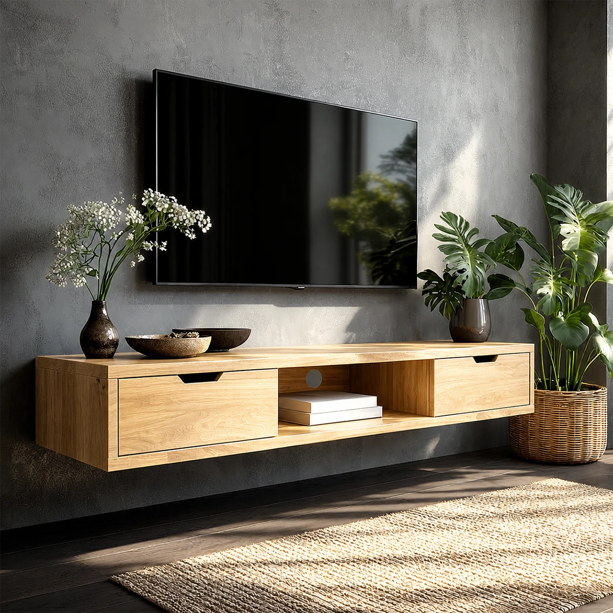 Architectural TV stand featuring handle free drawers and minimalist storage organization