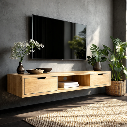 Architectural TV stand featuring handle free drawers and minimalist storage organization