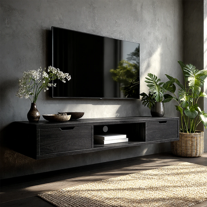 Modern living room media console with floating silhouette and practical storage space