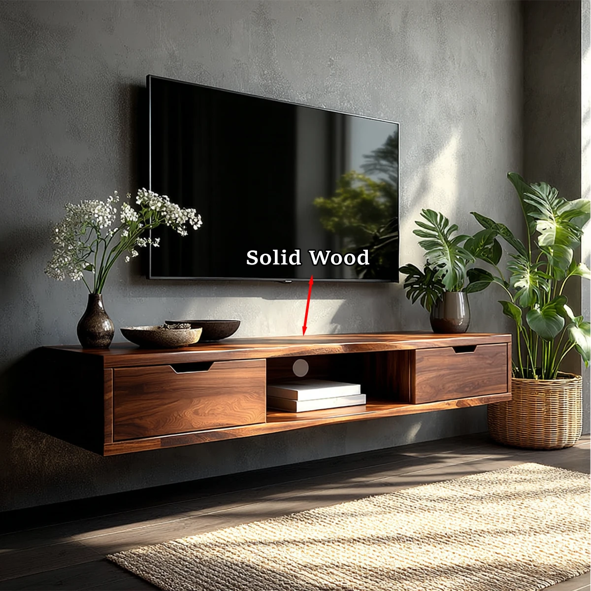 Sleek entertainment unit showcasing wall mounted design and organized media storage