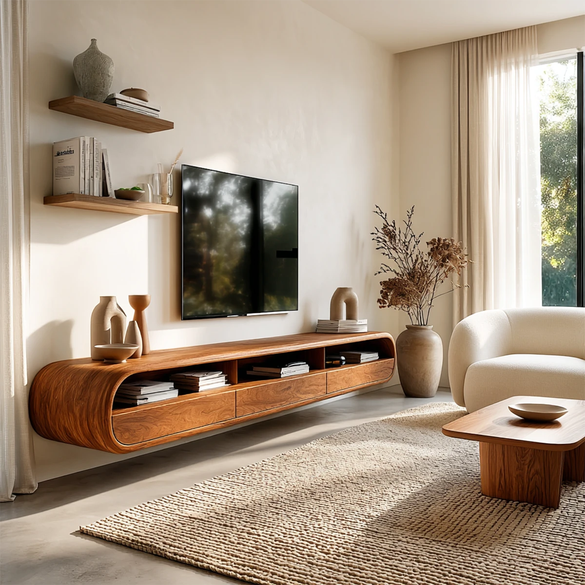 Floating TV stand featuring curved edges and natural wood finish for modern living room storage