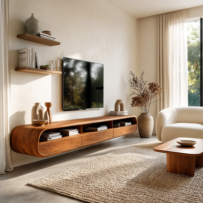 Floating TV stand featuring curved edges and natural wood finish for modern living room storage