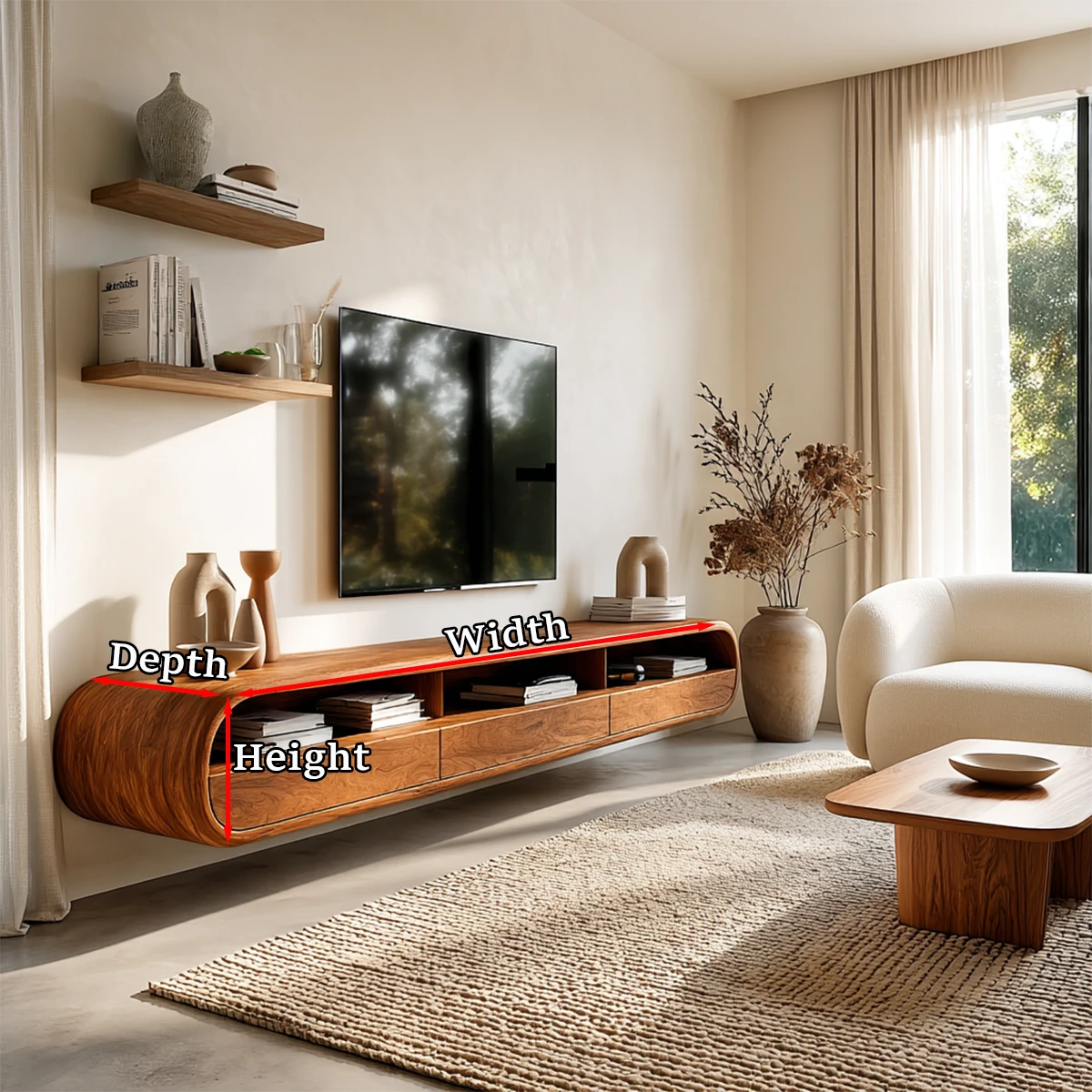 Long floating media console showcasing clean modern lines and natural wood finish storage