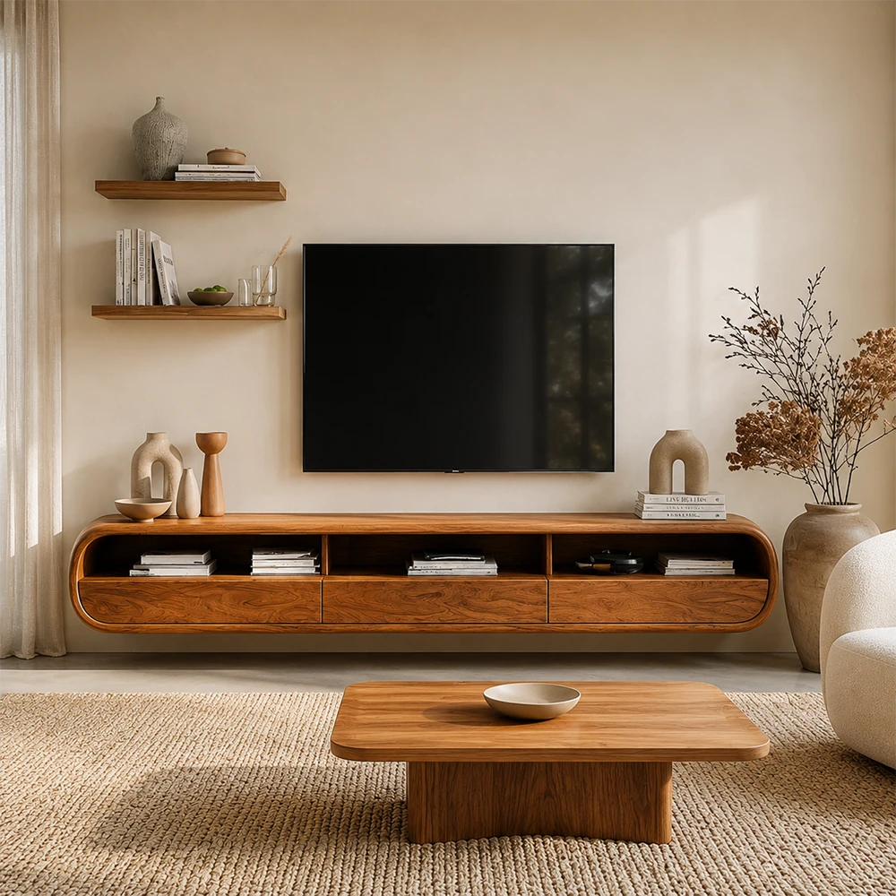 Modern living room with wooden TV stand, coffee table, and decorative items.