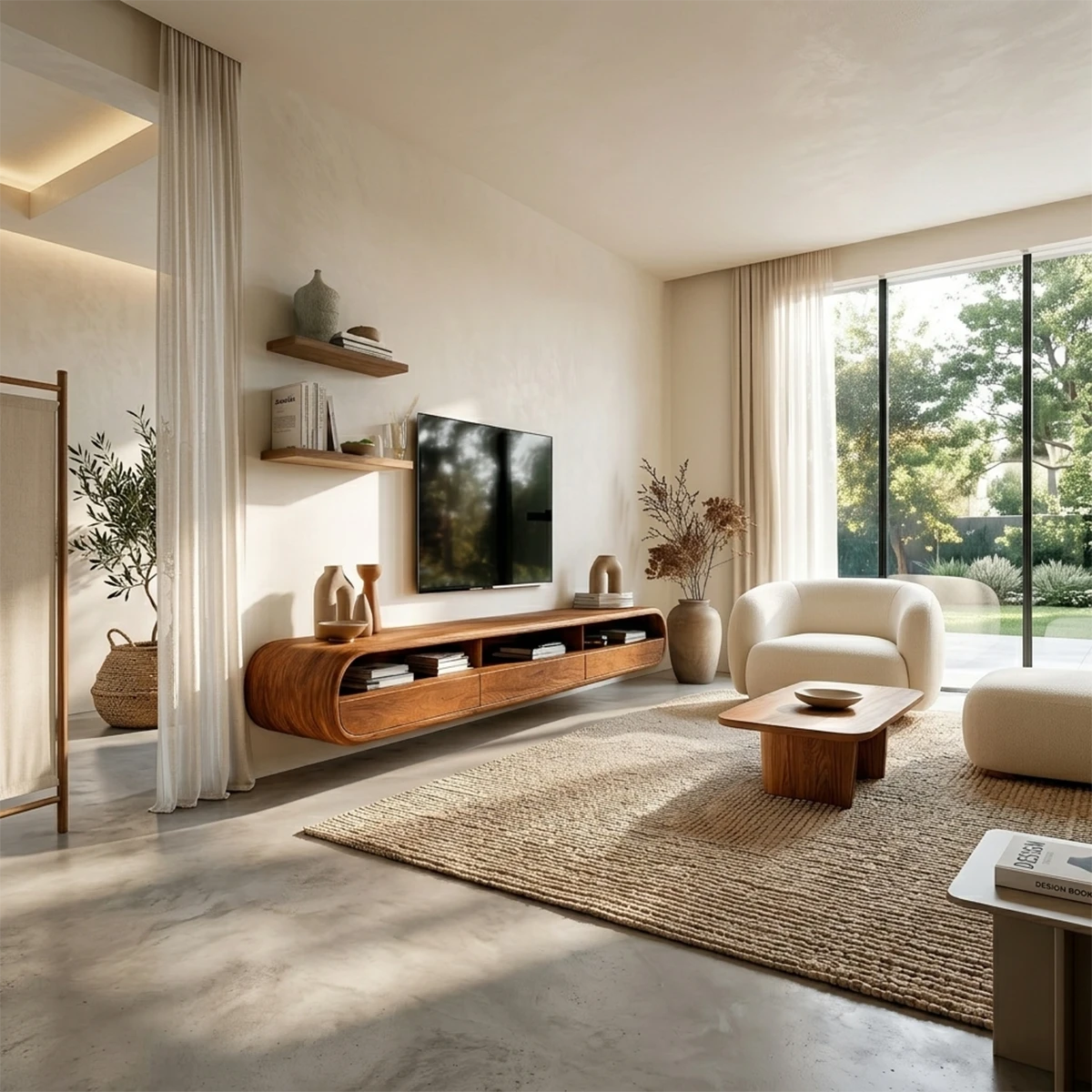 Modern wall mounted TV stand designed with rounded corners and natural wood finish media storage