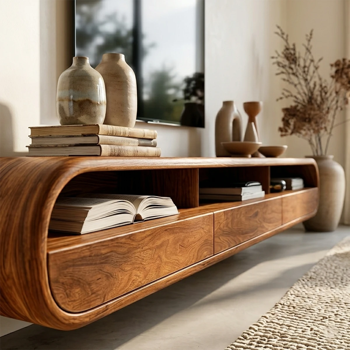 Contemporary floating media console showcasing smooth curves and refined natural wood finish