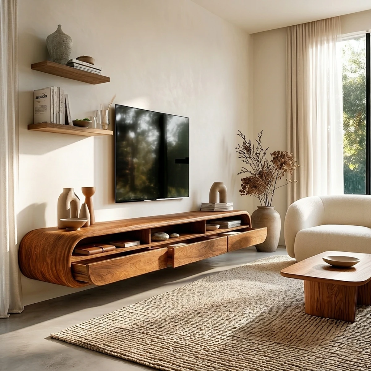 Minimalist TV console table featuring seamless curved form and natural wood finish styling