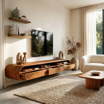 Minimalist TV console table featuring seamless curved form and natural wood finish styling