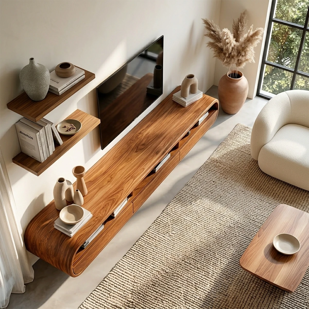 Wall mounted entertainment center designed with sculptural curves and natural wood finish