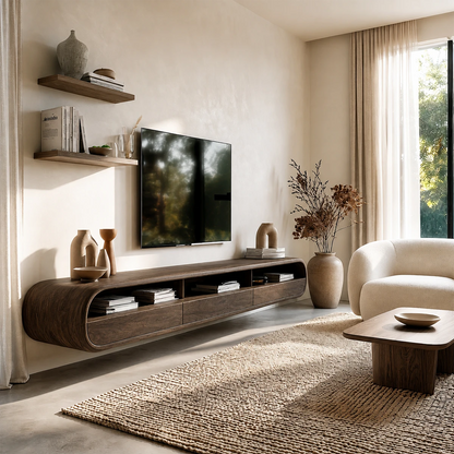 Japandi style floating TV stand featuring rounded silhouette and warm natural wood finish