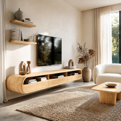 Modern media cabinet showcasing soft curved edges and elegant natural wood finish storage