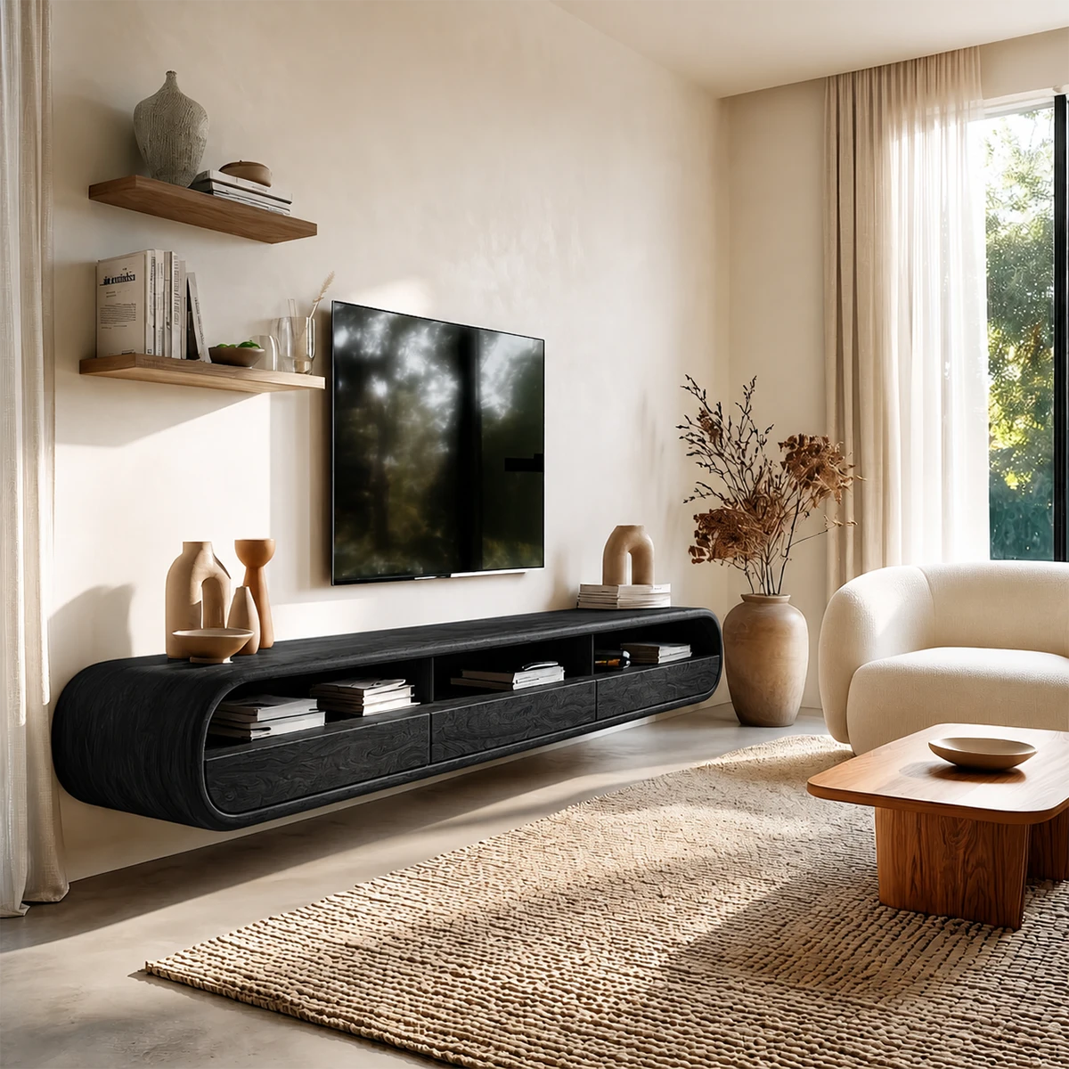 Floating entertainment console designed with streamlined profile and natural wood finish detail