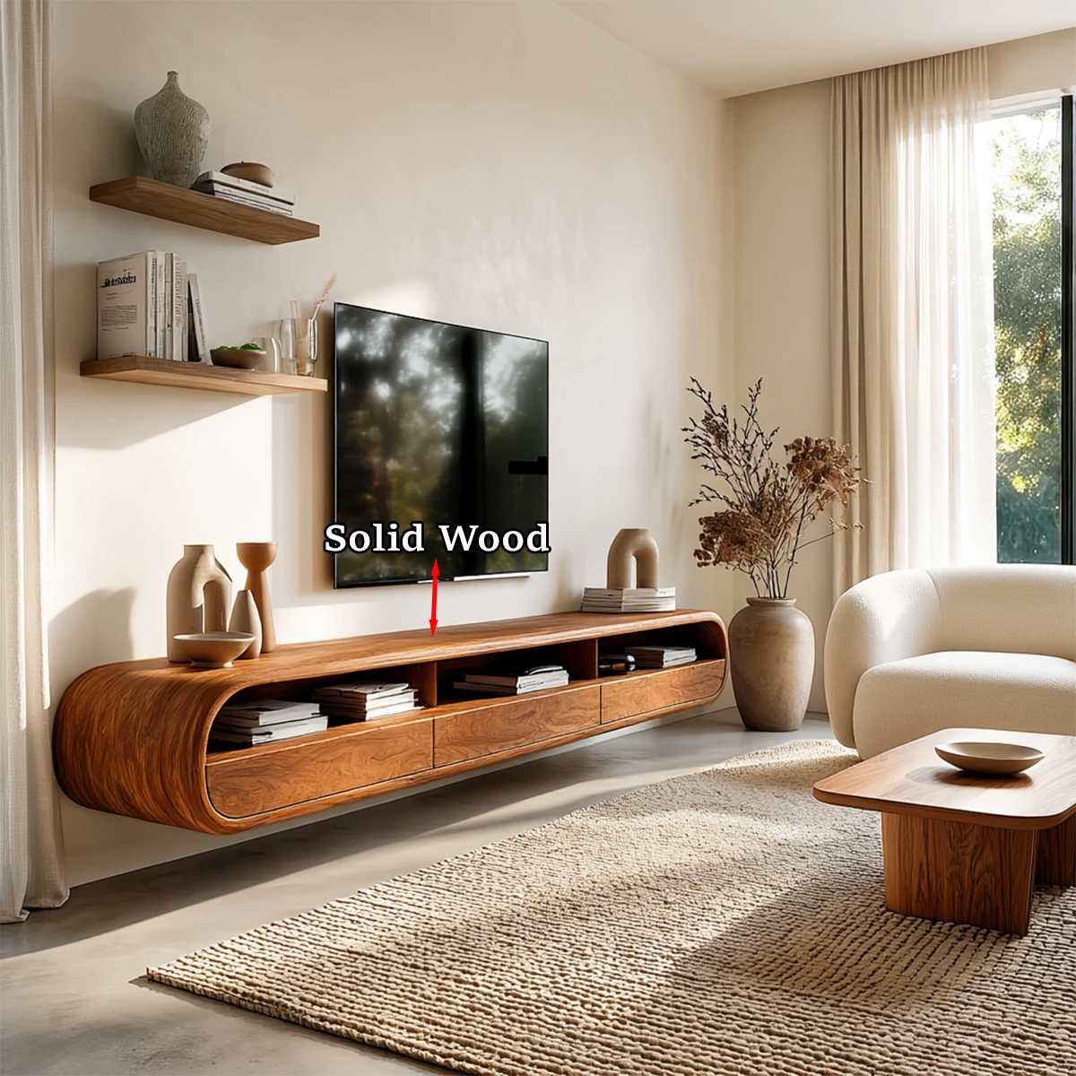 Rustic modern TV stand featuring curved architectural styling and natural wood finish