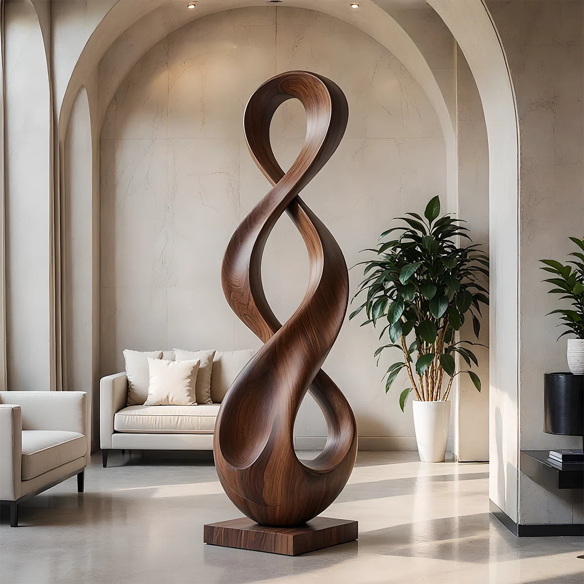 Infinity loop sculpture with smooth flowing curves and elegant walnut tone finish tall floor décor