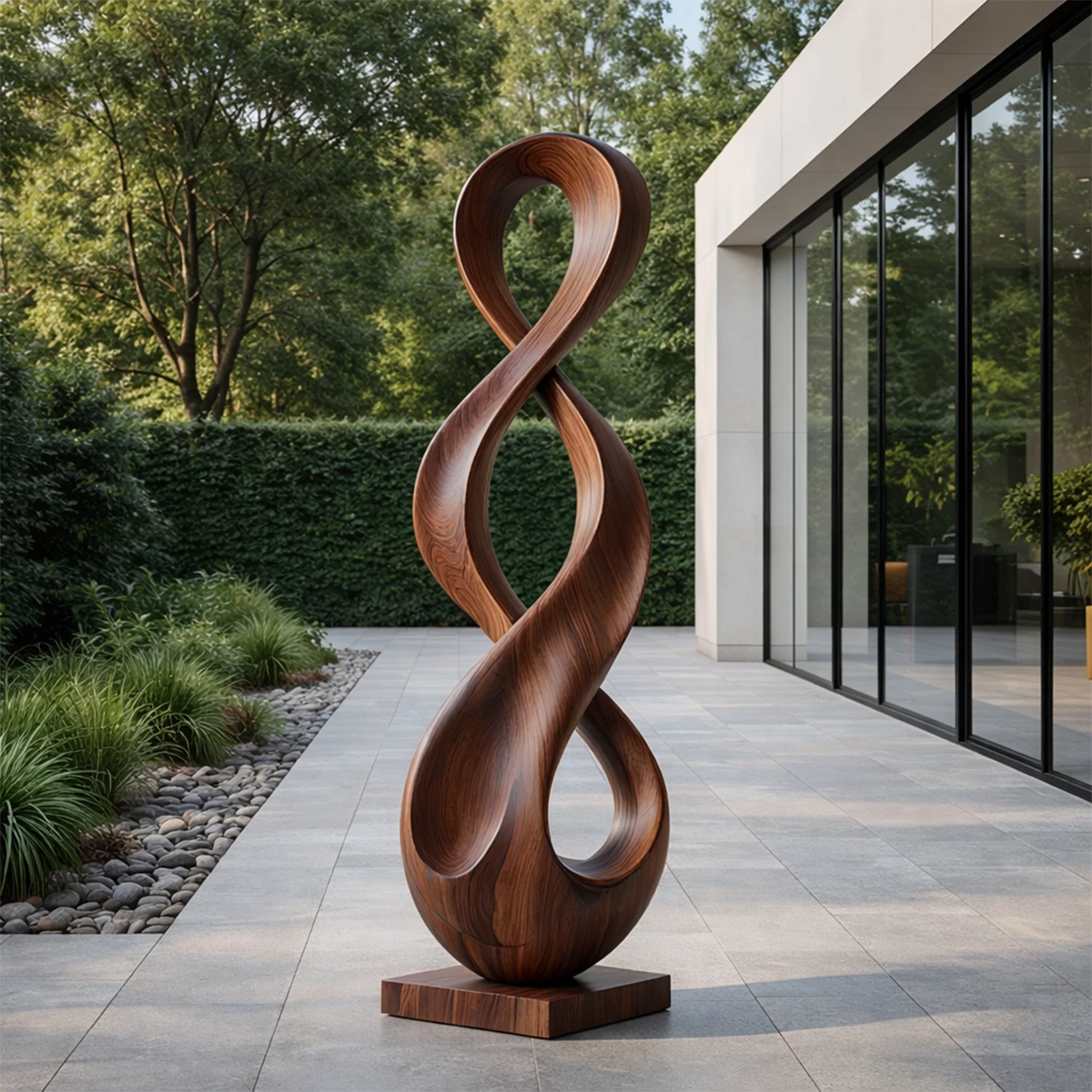 Abstract infinity sculpture décor featuring continuous loop form and refined walnut tone finish