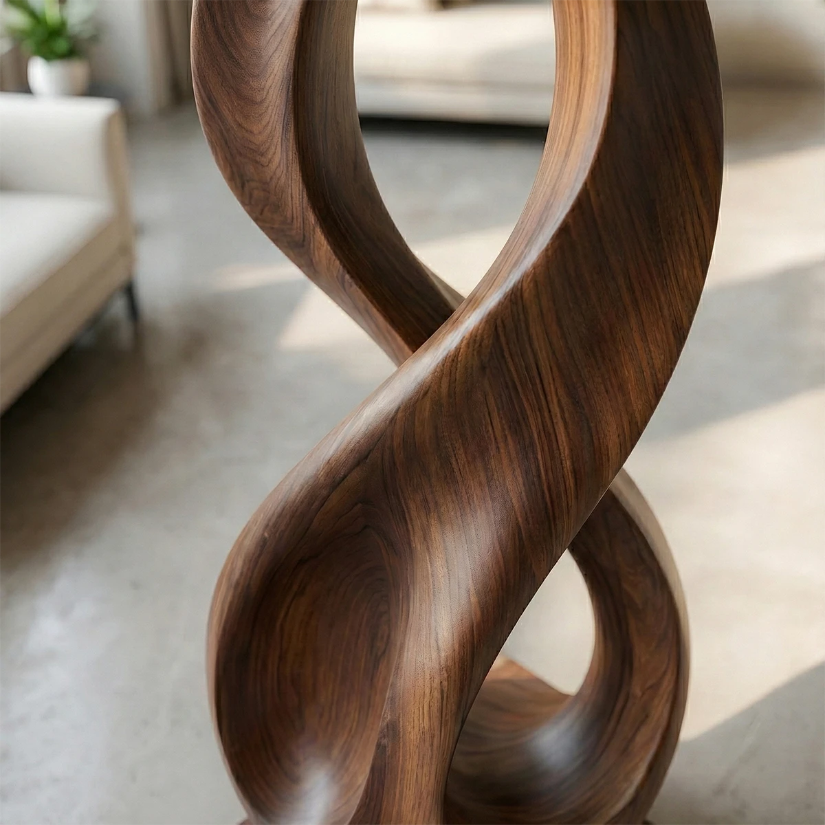 Modern abstract floor sculpture showcasing twisted loop silhouette and walnut tone finish detail