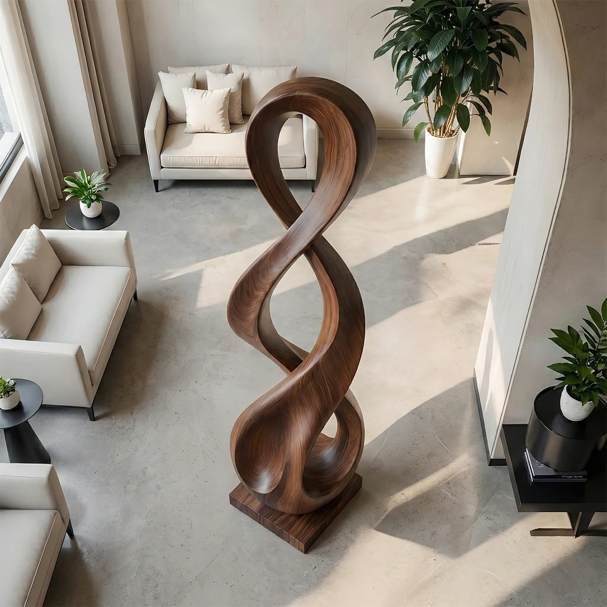 Contemporary wood style sculpture with infinity inspired design and smooth walnut tone finish