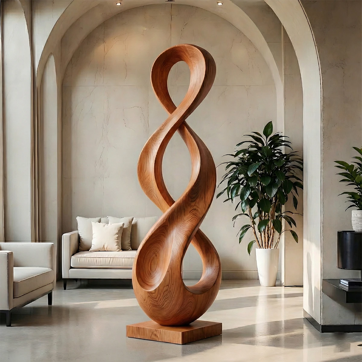 Large infinity floor sculpture displaying sculptural curves and warm brown tone finish accent