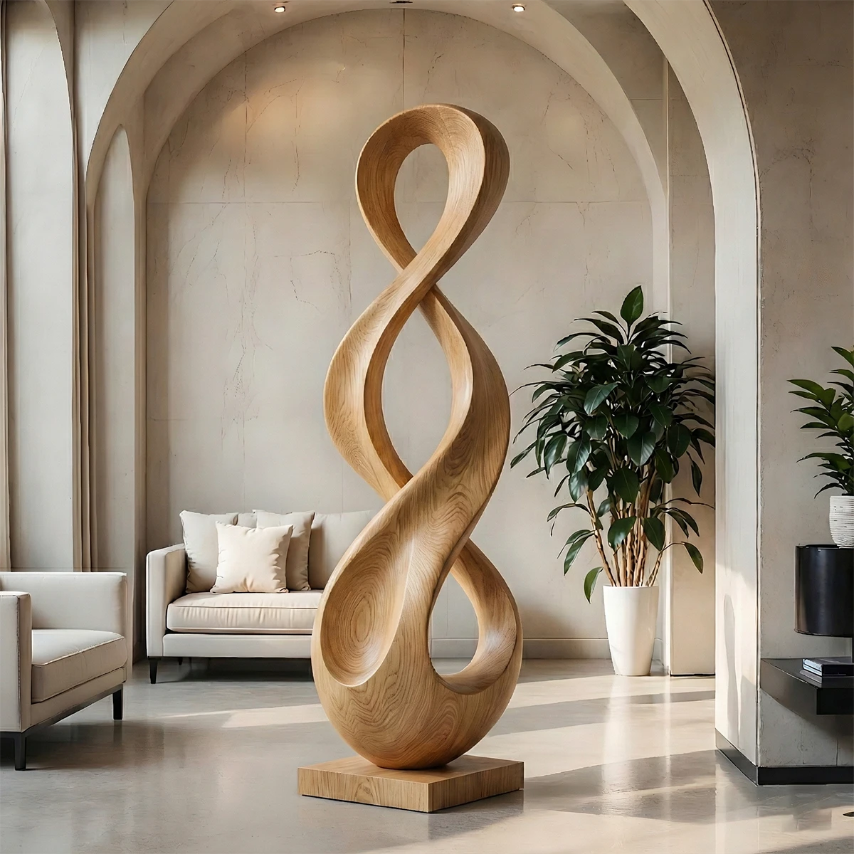 Luxury abstract sculpture décor featuring tall looping design and rich oak tone finish