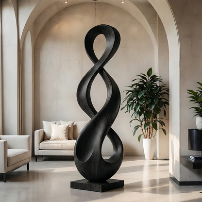 Decorative infinity sculpture art with graceful flowing movement and black tone finish surface